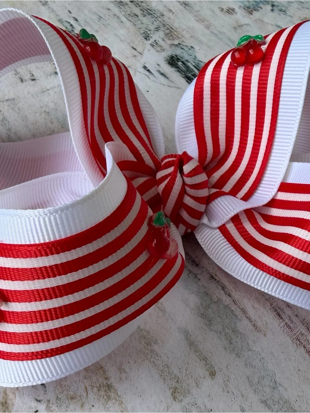 Red & White Striped Cherry Hair Bow 5 inches Wide